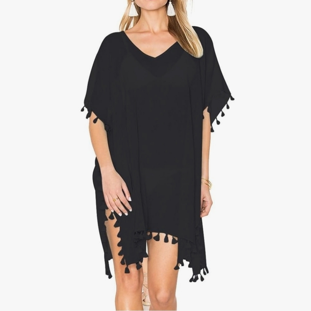 West Loop Black Swimsuit Cover Up Black Chiffon One Size